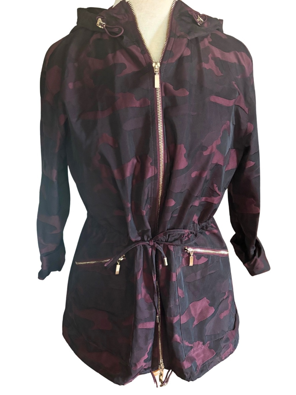 Chico’s Camo Utility Anorak Jacket Hooded Zip Waist Cinch Size 0 S M